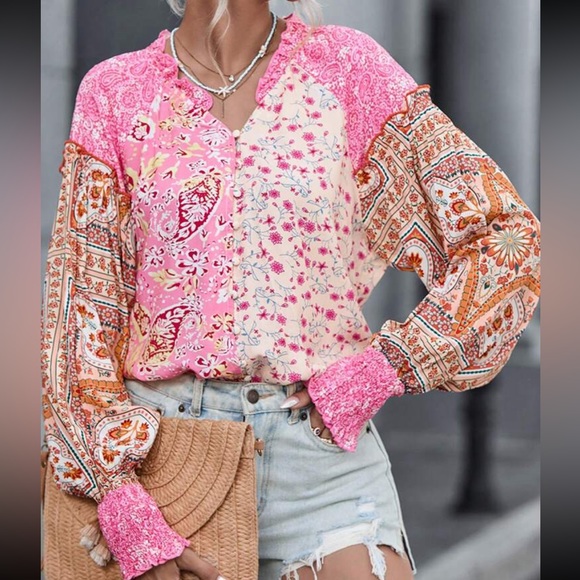 Boho Floral Patched Print Cuff Long Sleeve Trimmed Top Blouse Shirt - Picture 1 of 5